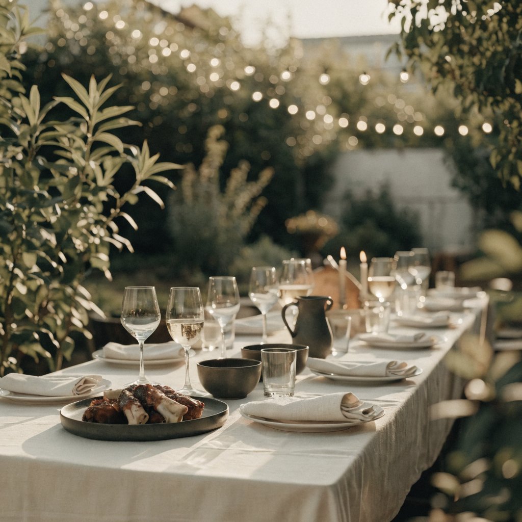 A long garden dinner table set with string lights for an intimate evening at home